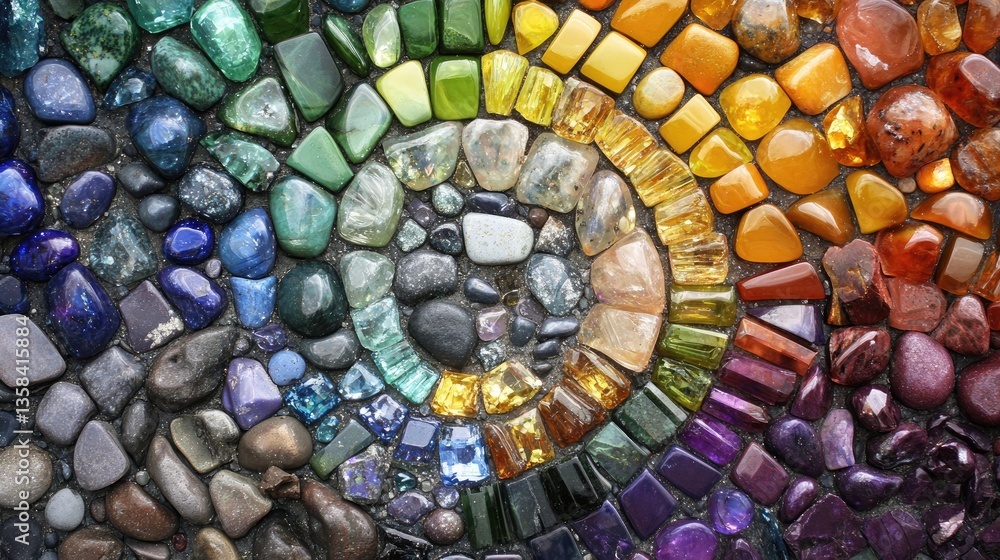 Poster a mesmerizing composition of loose gemstones arranged in a circular rainbow pattern.