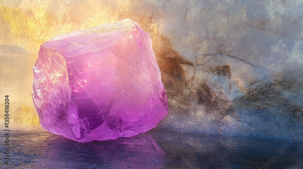 Poster a mesmerizing image of a raw gemstone reflecting light as it undergoes laser precision cutting.