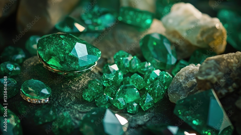 Poster a mesmerizing image of emerald gemstones in different cuts, arranged in a luxurious display.
