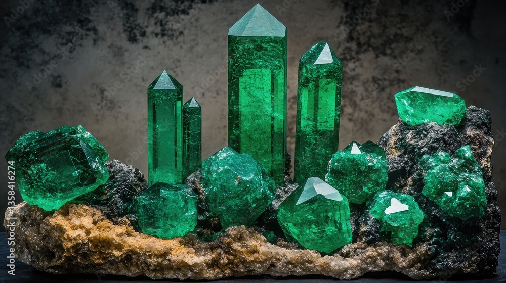 Poster a mesmerizing image of emerald gemstones in different cuts, arranged in a luxurious display.