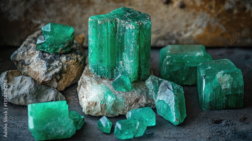 Poster a mesmerizing image of emerald gemstones in different cuts, arranged in a luxurious display.