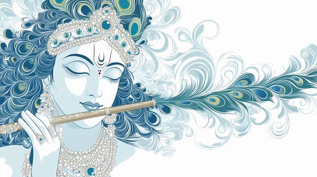 Beautiful vector illustration of Lord Krishna playing the flute in a fantasy-inspired design with blue and white color tones.
