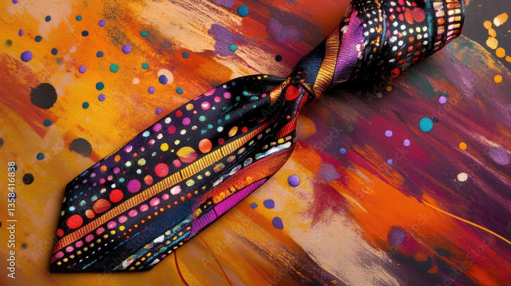 Poster a multicolor tie resting on a dynamic abstract background.