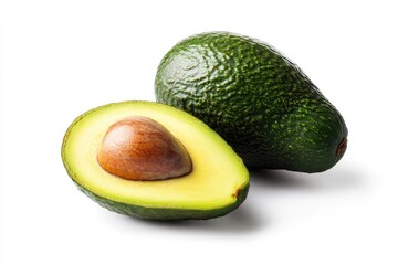 Fresh avocados, whole and halved, displayed against a white background.  A ripe avocado half reveals its smooth, creamy interior