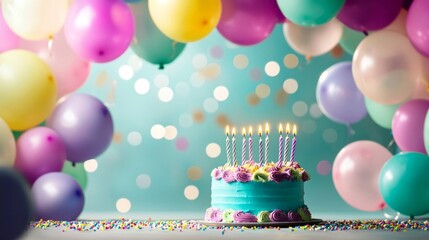 Vibrant balloons decorate a festive birthday party scene.