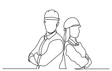 Single line drawing of a group of construction couple workers. men and women of different professions.continuous line of workers Labor with engineer team confident portrait. Couple Workers  Labor Day
