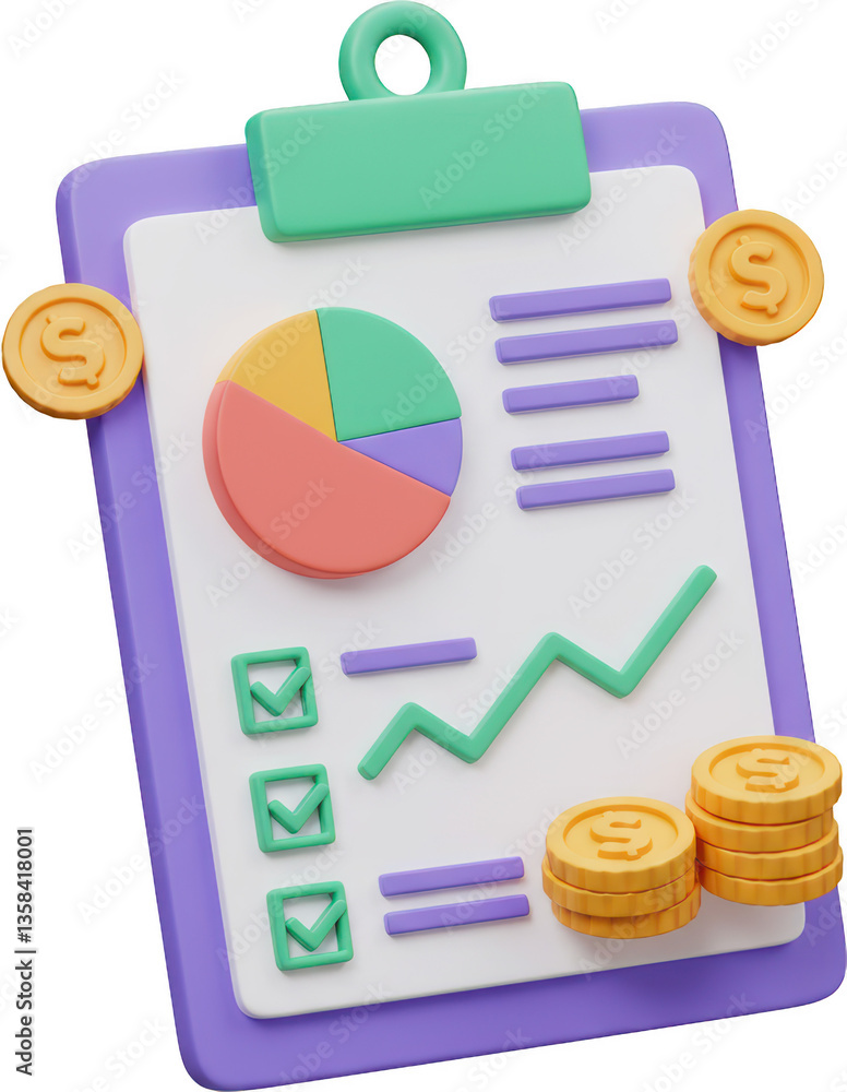 Aufkleber 3d render of financial report clipboard showing growth chart pie chart checkmarks and coins