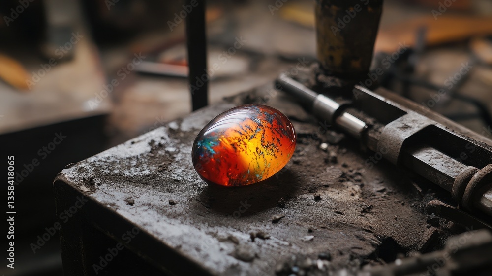 Poster a polished gemstone reflecting colorful light while undergoing the final buffing process.
