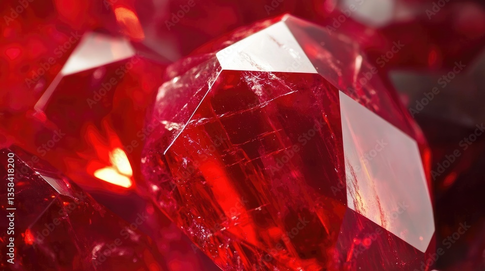 Poster a polished ruby under a microscope, showing intricate inclusions.