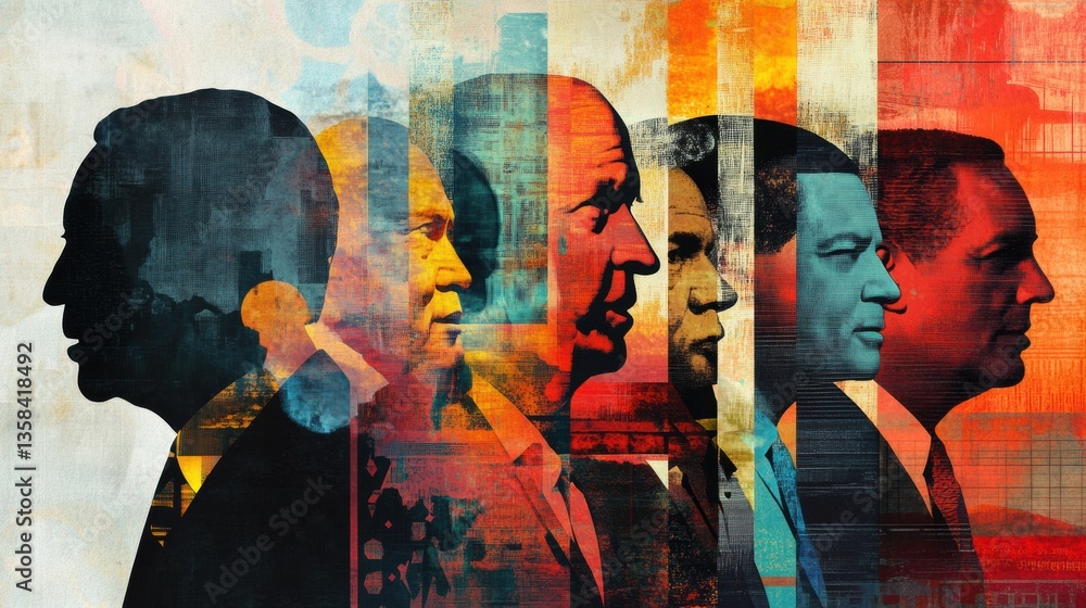 Poster modern artistic collage showcasing world leaders with abstract patterns and a distinctive political 