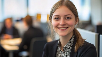 Young Businesswoman Smiling in Modern Office Setting