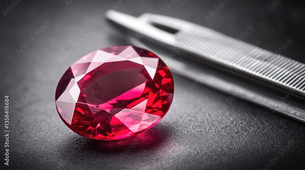 Poster a professional gemstone measurement tool analyzing the precise dimensions of a ruby.