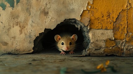 Curious Mouse Peeking Out from Wall Crack