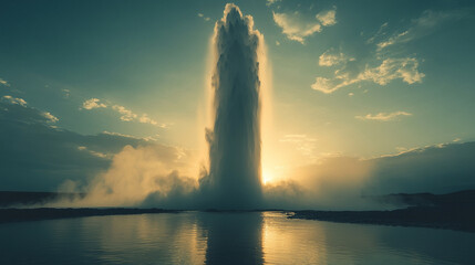 Obraz premium The eruption of a geyser in Iceland showcases a majestic water column, geothermal landscapes, and the powerful forces of Earth, symbolizing nature’s raw energy and the planet's dynamic activity