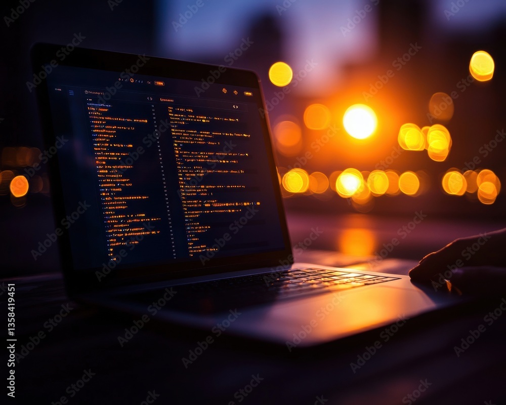 Poster a laptop displays code against a backdrop of a sunset, creating a serene atmosphere of technological