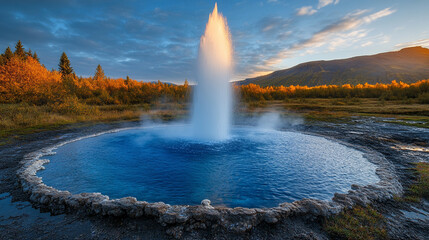 The eruption of a geyser in Iceland showcases a majestic water column, geothermal landscapes, and the powerful forces of Earth, symbolizing nature’s raw energy and the planet's dynamic activity