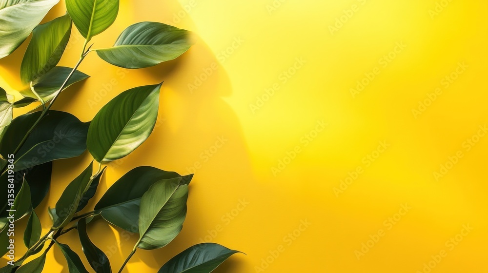 Poster green leaves arranged on a yellow background, creating a vibrant and refreshing image ideal for spri