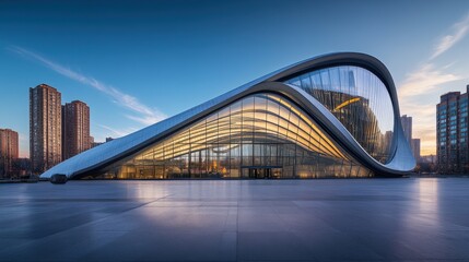 Obraz premium Curved glass modern building at sunrise.