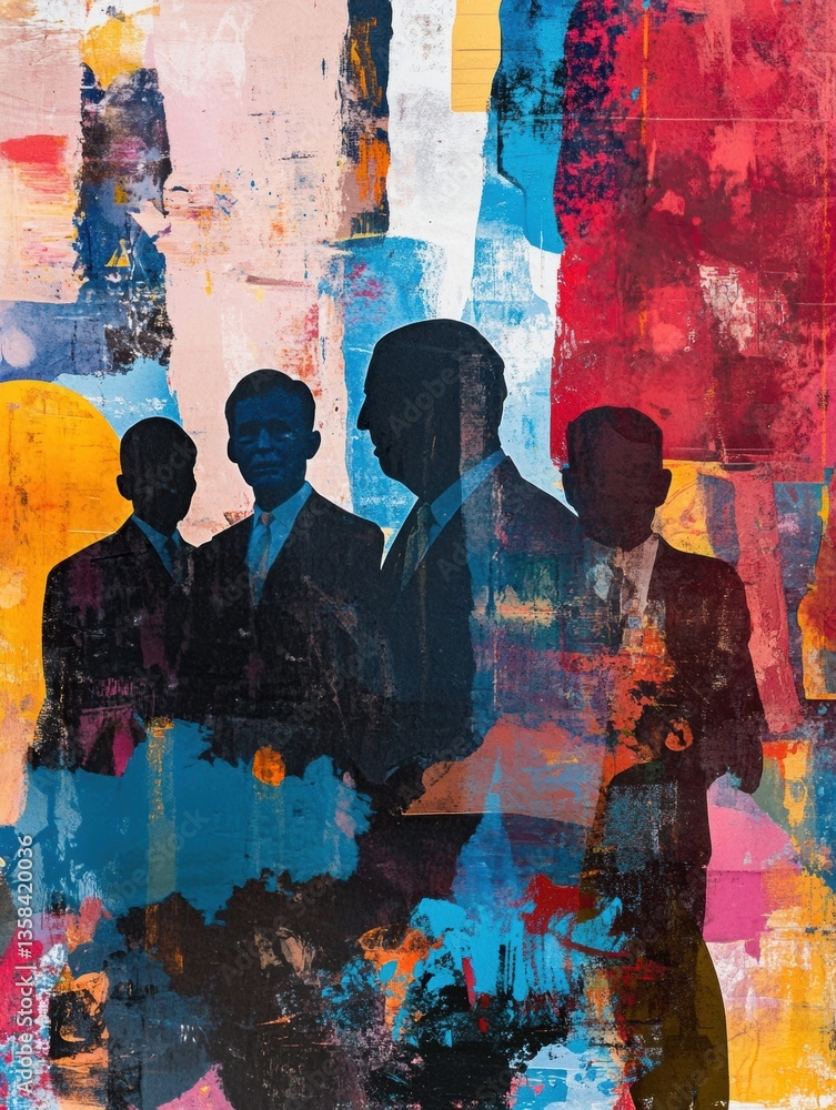 Poster modern artistic collage showcasing silhouettes of world leaders with abstract patterns and vibrant p