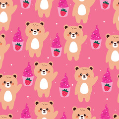 seamless pattern cute cartoon bear with strawberry ice cream. cute pattern for wallpaper, background and gift wrap paper