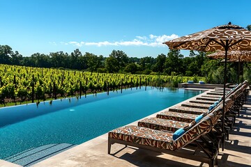 Obraz na płótnie Canvas Poolside vineyard view with elegant sun loungers and wine-themed umbrellas near rolling grape fields.