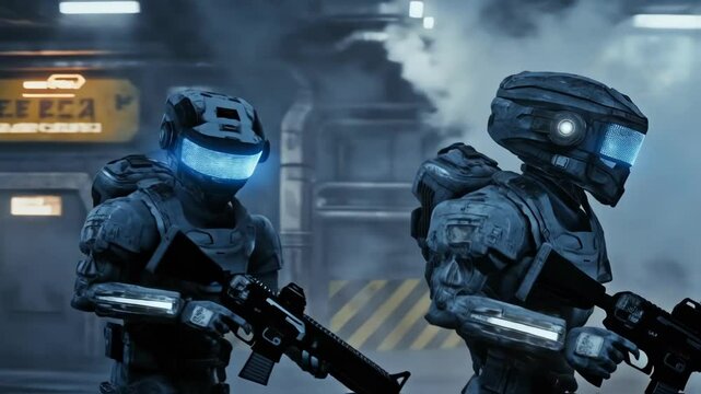 In a surreal environment bionic mercenaries utilize hydraulicpowered boots to propel themselves upwards along a gravitydefying surface their visors glowing blue as they communicate