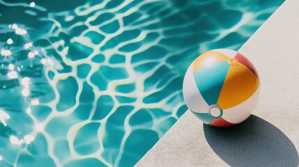 A colorful beach ball rests on the edge of a sparkling pool, reflecting the bright sunlight and creating a cheerful summer vibe.