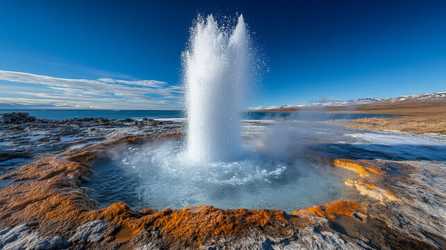 The eruption of a geyser in Iceland showcases a majestic water column, geothermal landscapes, and the powerful forces of Earth, symbolizing nature&rsquo;s raw energy and the planet's dynamic activity