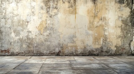 Fototapeta premium Grungy, aged wall with cracked plaster and worn floor.