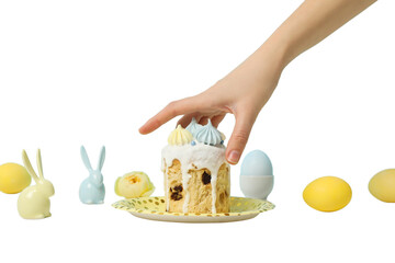 PNG, Easter, Easter bread in a plate with a hand, isolated on a white background