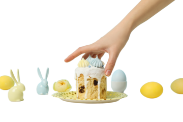 PNG, Easter, Easter bread in a plate with a hand, isolated on a white background