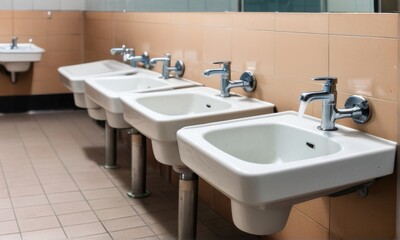Row of White Porcelain Sinks in a Public Restroom
