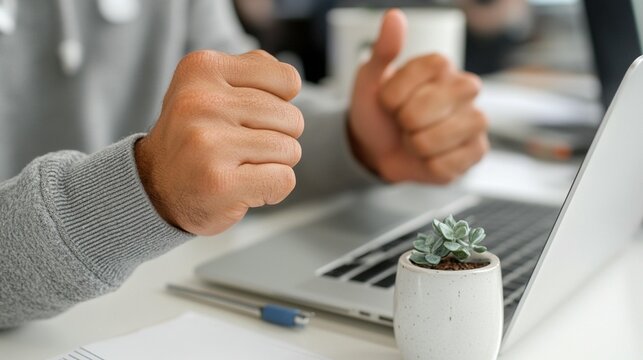 Close-up of a person's hands showing a fist pump and thumbs up gesture at a desk with a laptop.