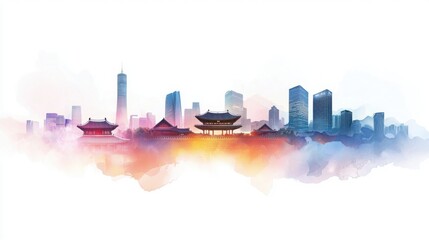 Fusion of Modern Skyscrapers and Ancient Temples in Urban Landscape Artwork