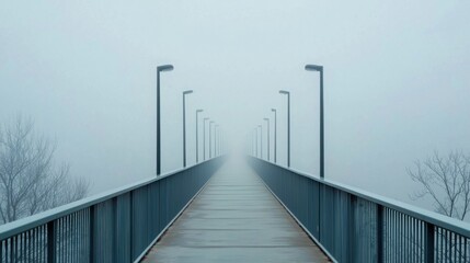 Serene Foggy Bridge Scene with Muted Blue and Gray Tones in Tranquil Atmosphere