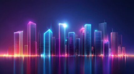 Futuristic Abstract Cityscape at Night with Neon Lights and Reflections in Water