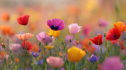 Fototapeta premium vibrant field of flowers showcases variety of colors, including red, pink, purple, and yellow blooms, creating cheerful and lively atmosphere. natural light enhances beauty of this floral