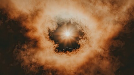 A swirling vortex of dark orange smoke forms a halo around a bright light resembling a ghostly figure from a mirror's depths