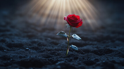 beautiful red rose stands alone in dark soil, illuminated by soft rays of light, symbolizing hope and resilience in challenging environment