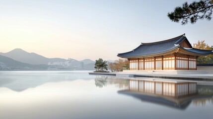 Obraz premium Serene Fusion of Modern and Ancient Architecture in Seoul's Tranquil Landscape