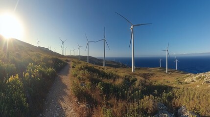 Naklejka premium Panoramic View of Wind Farm with High Wind Turbines: Green Energy Concept with Ample Copy Space