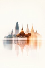 Naklejka premium Serene Watercolor Blend of Old Thai Temples with Modern Cityscape Reflection