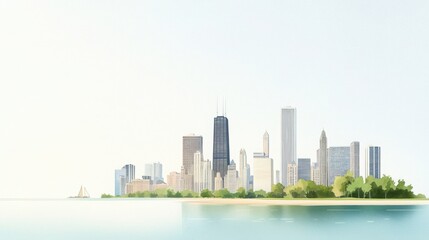 Fototapeta premium Peaceful Watercolor Illustration of Chicago's Skyline with Serene Waters and Greenery