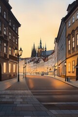 Obraz premium Serene Watercolor Scene of Prague Castle at Dusk in Old Town Street