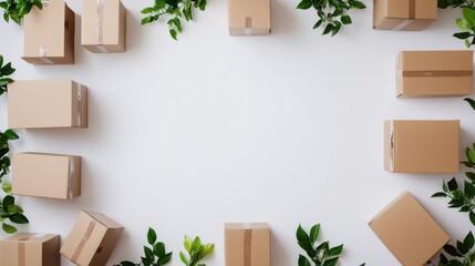 Arrangement of Cardboard Boxes Surrounded by Fresh Green Leaves