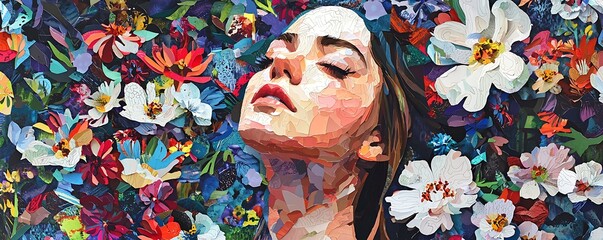 Portrait a woman surrounded by flowers in an abstract art paper collage, showcasing a trendy and artistic approach for modern designs or decorative arts.