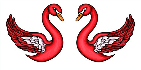 Two Red Swans in Stained Glass Style Watercolor, Facing Each Other with Wings Spread in Elegant Symmetry and Beauty
