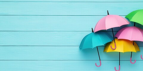 A Playful Collection of Colorful Umbrellas against a Soft Pale Blue Wood Backdrop in a Watercolor Style Artwork Scene