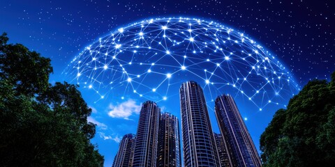 A Glowing Network of Interconnected Nodes Forms a Sphere Above a Neon-Lit Cityscape Representing a Futuristic Vision