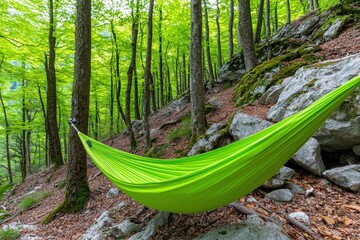 A tranquil lime green hammock swaying gently in a sunlit forest surrounded by mossy rocks and vibrant lush greenery